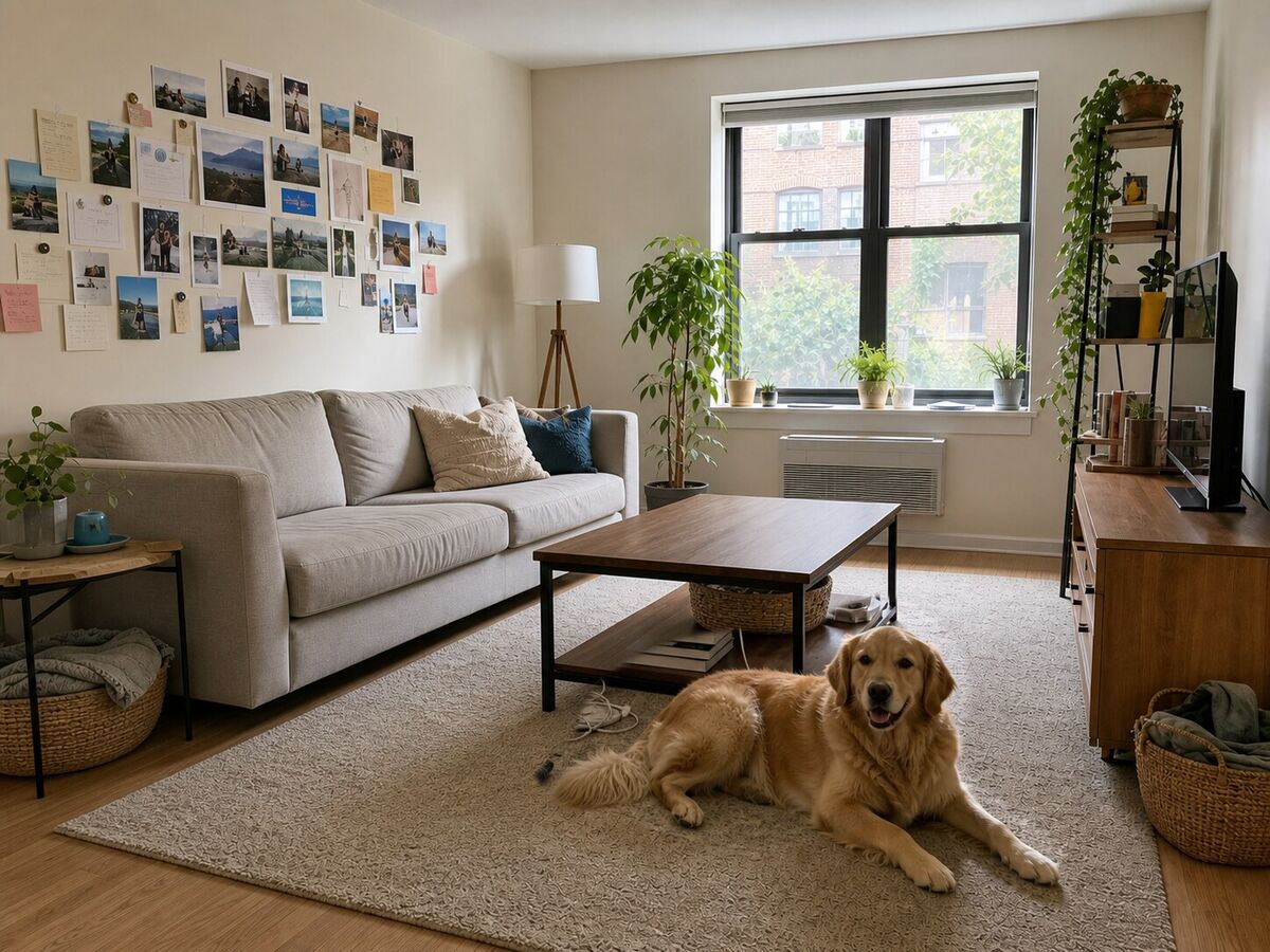 After: the same living room tidied. The coffee table is clear, the boxes, books and clothes on the floor are gone, and the golden retriever still lies on the rug.
