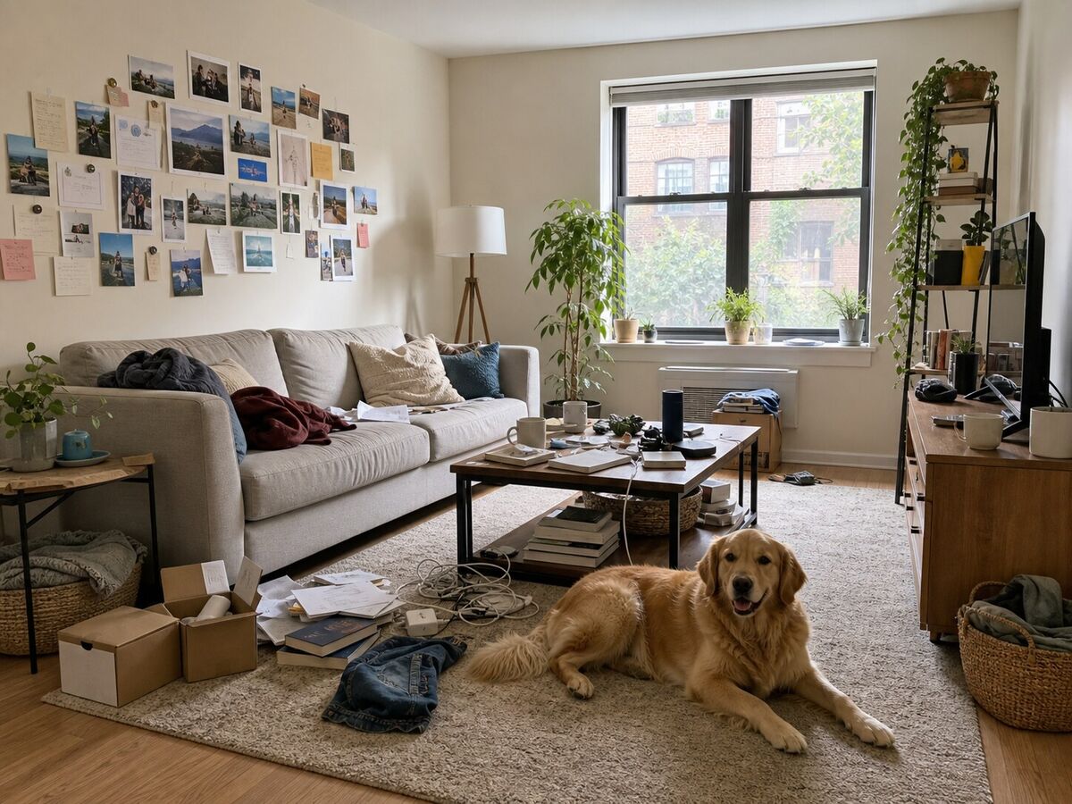 Before: a cluttered living room with boxes, books, cables and clothes on the floor, a crowded coffee table and a golden retriever lying on the rug.