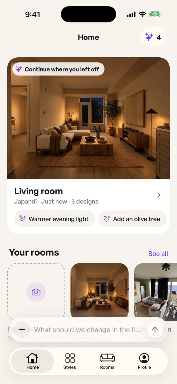 The Home screen: a Continue where you left off card for the Living room in Japandi with 3 designs and two suggested edits, and a Your rooms row with room photos above the tab bar.